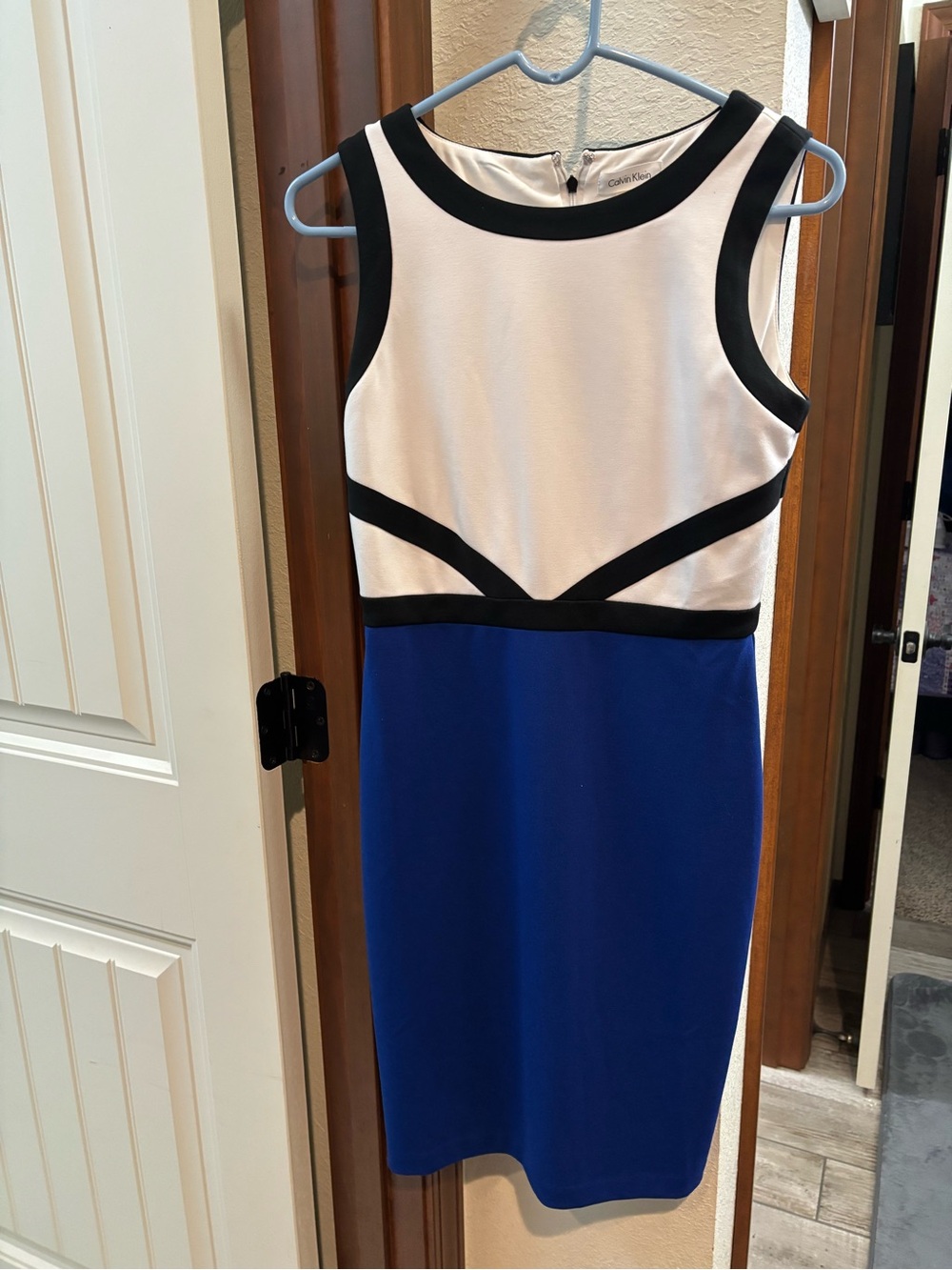 Calvin Klein White, Black & Blue Colorblocked Midi Sheath Dress